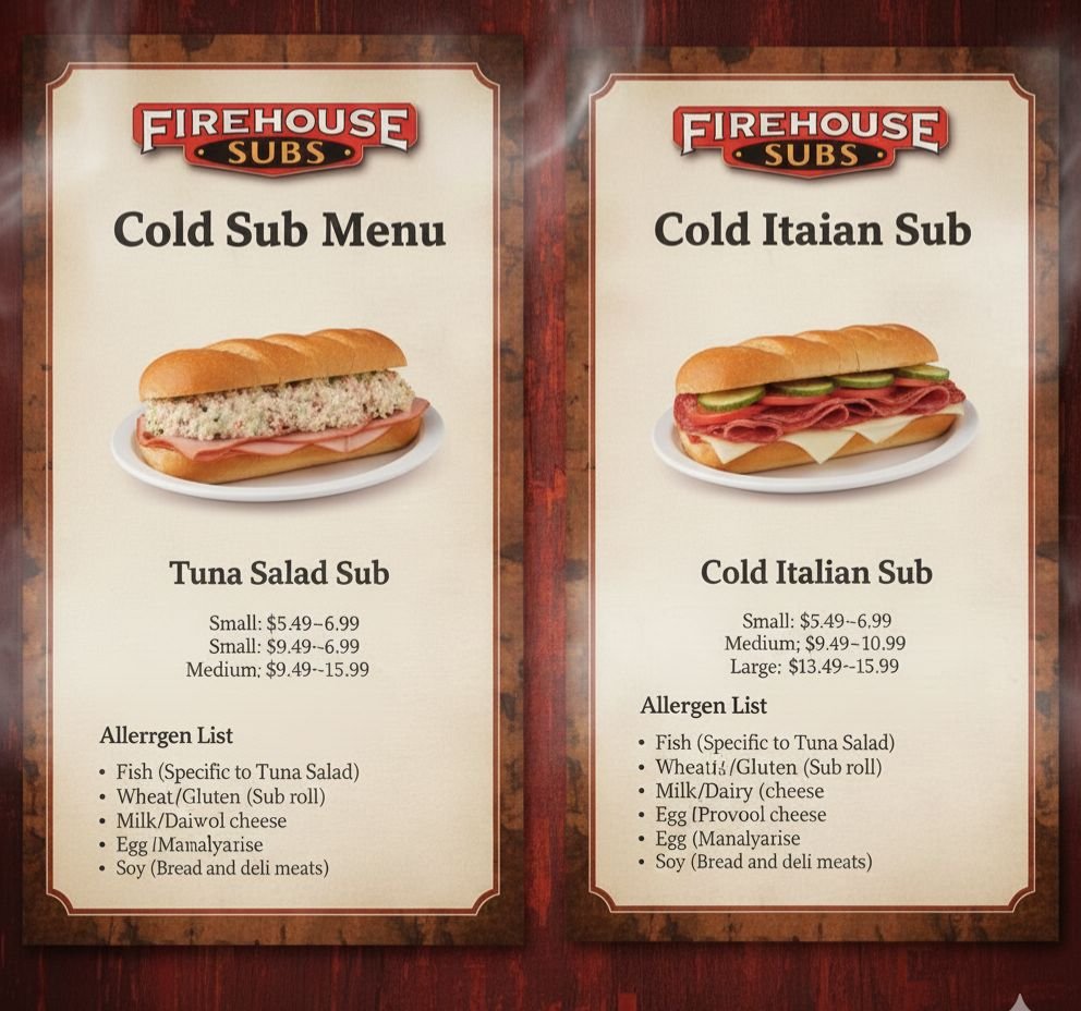 Firehouse Subs Cold Sub Menu
