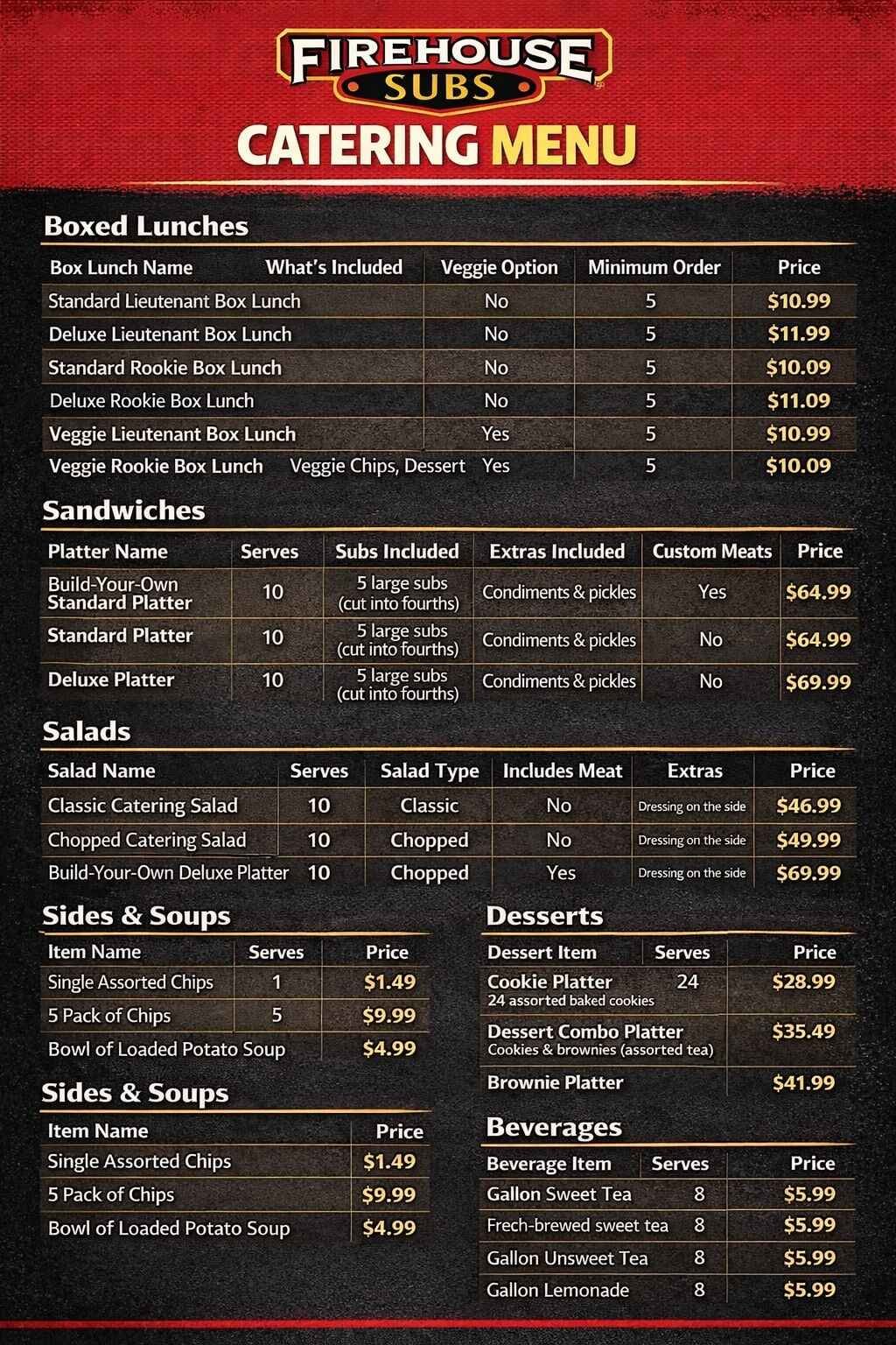 Firehouse Subs Catering Menu